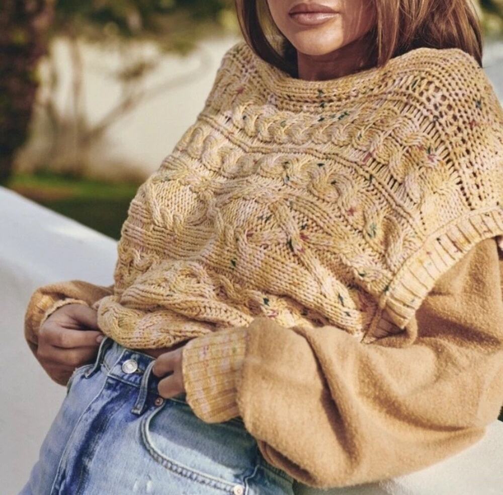 Free People Honey Cable Pullover Yellow Multi Cotton Blend Boho Cropped Sweater